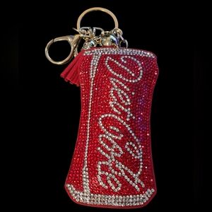 Red Rhinestone Diet Cola Bag Charm Keychain with Silver Accents